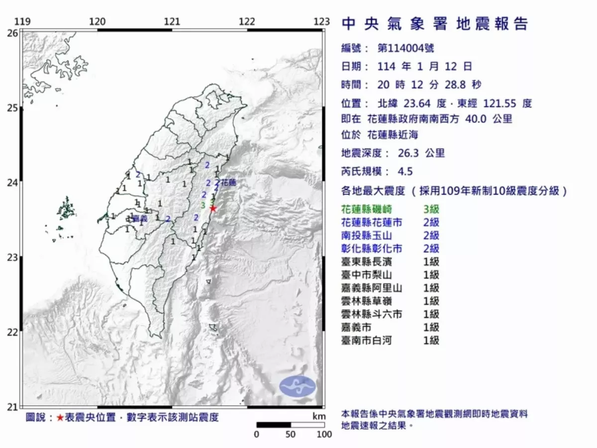花蓮近海發生規模4.5地震 9縣市有感「最大震度3級」